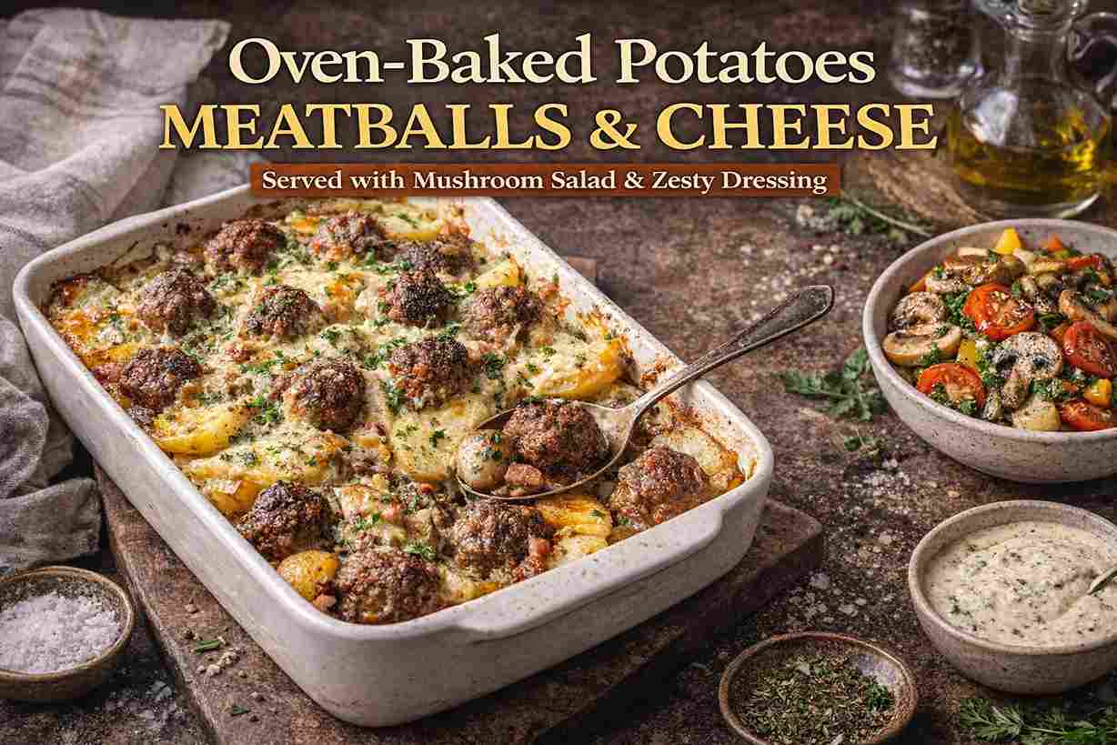 Oven-baked Potatoes with Meatballs and Cheese