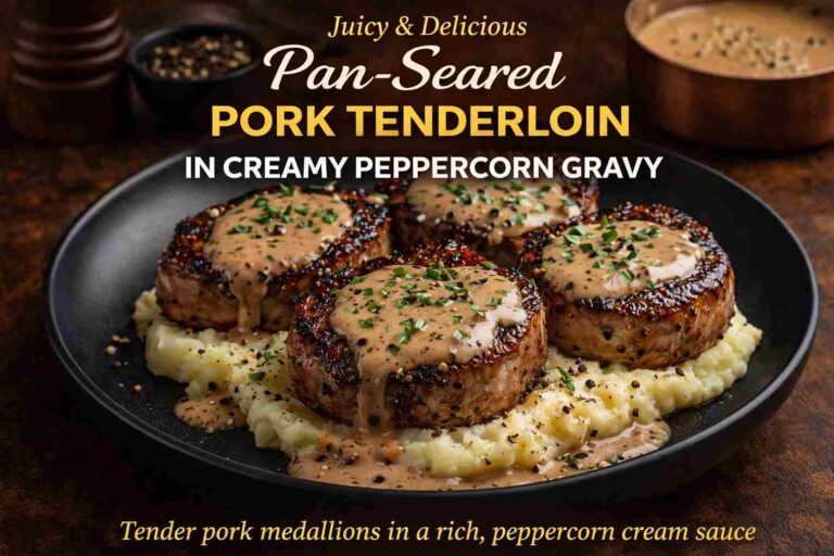 Pan-Seared Pork Tenderloin in Creamy Peppercorn Gravy