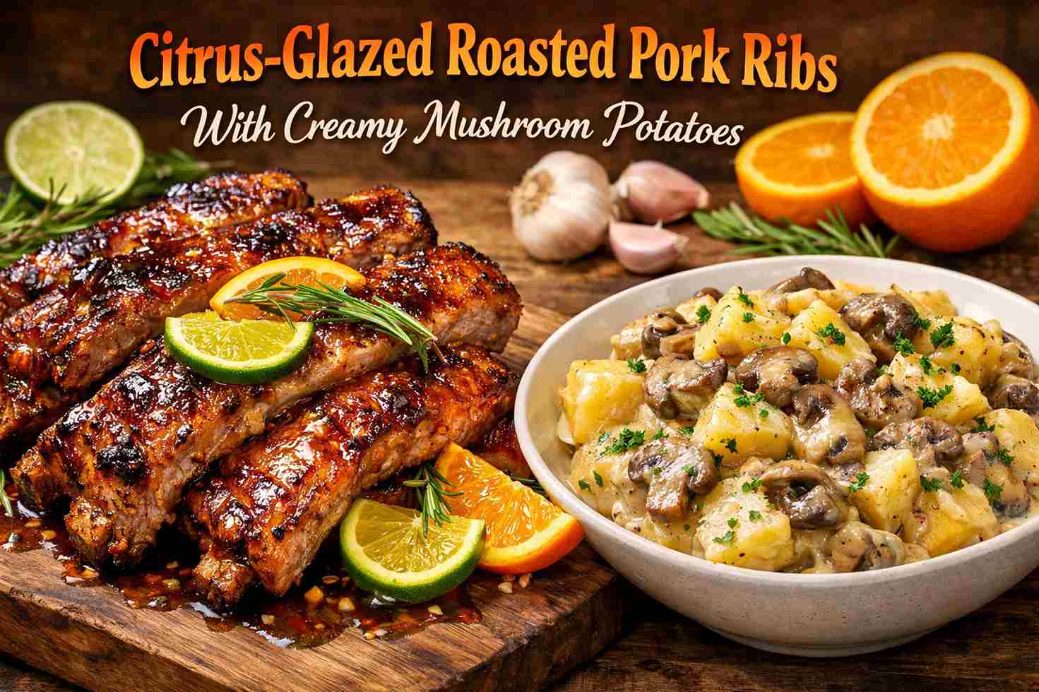 Citrus-Glazed Roasted Pork Ribs With Creamy Mushroom Potatoes