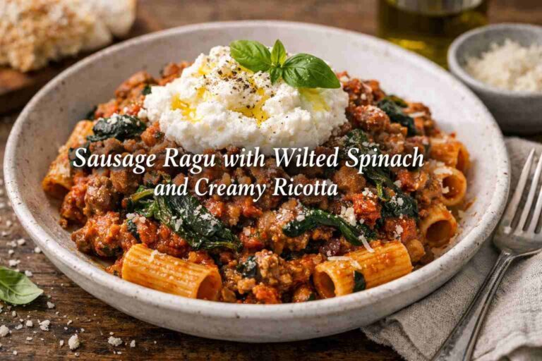 Sausage Ragu with Wilted Spinach and Creamy Ricotta