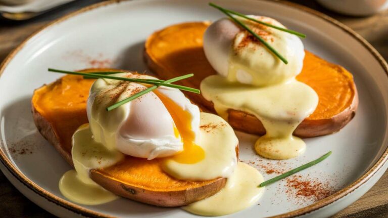 Sweet Potato Eggs Benedict with roasted sweet potato rounds, poached eggs, and creamy hollandaise—a delicious low-carb twist on the classic brunch.