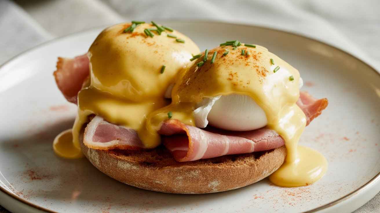 Whole Wheat English Muffin Eggs Benedict with poached eggs and creamy hollandaise