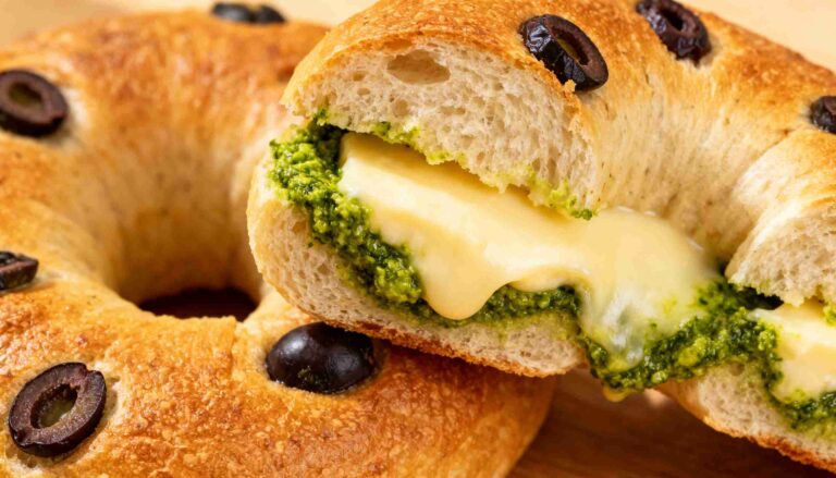 Olive Bagels Stuffed With Cheese and Pesto