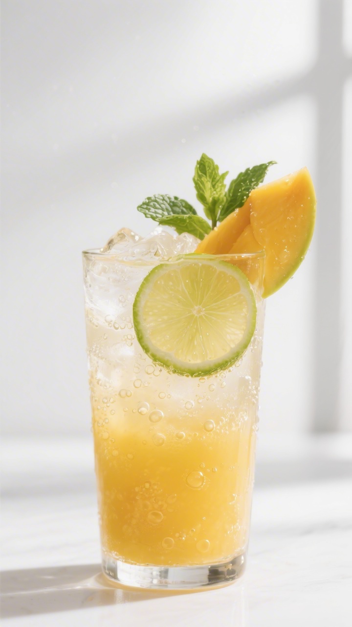 Close-up detail: A chilled highball glass filled with the finished Mango Vodka Fizz over fresh ice,