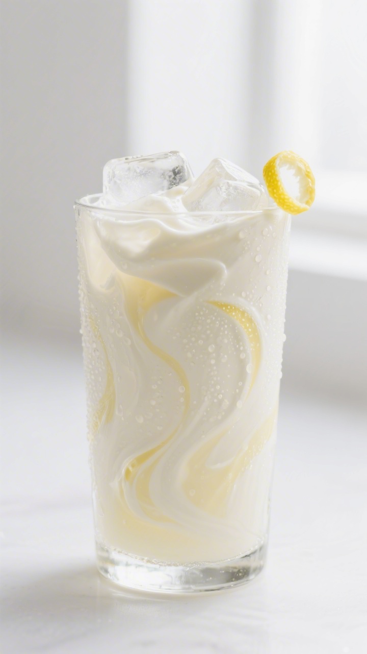 Close-up detail: A chilled highball glass with the lemon-cream base just poured over clinking ice cu