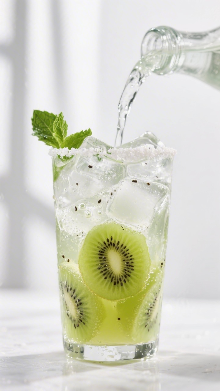Close-up detail: A chilled Kiwi Vodka Cooler mid-pour into an ice-filled highball, vibrant kiwi-lime
