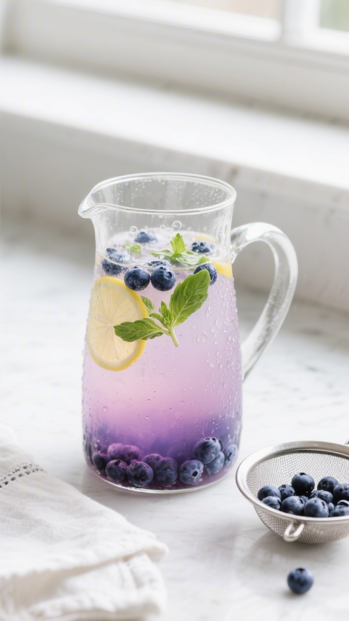 Close-up detail: A clear glass pitcher with prepared blueberry basil lemonade mid-steep after chilli