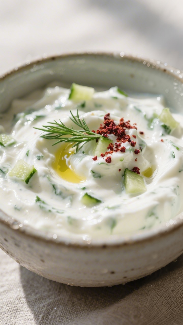Close-up detail: A creamy bowl of finished tzatziki, thick and glossy from full-fat Greek yogurt, fo