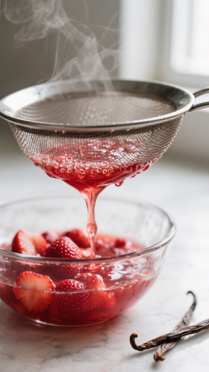 Close-up detail: A fine-mesh sieve over a glass bowl with freshly cooked strawberry syrup streaming