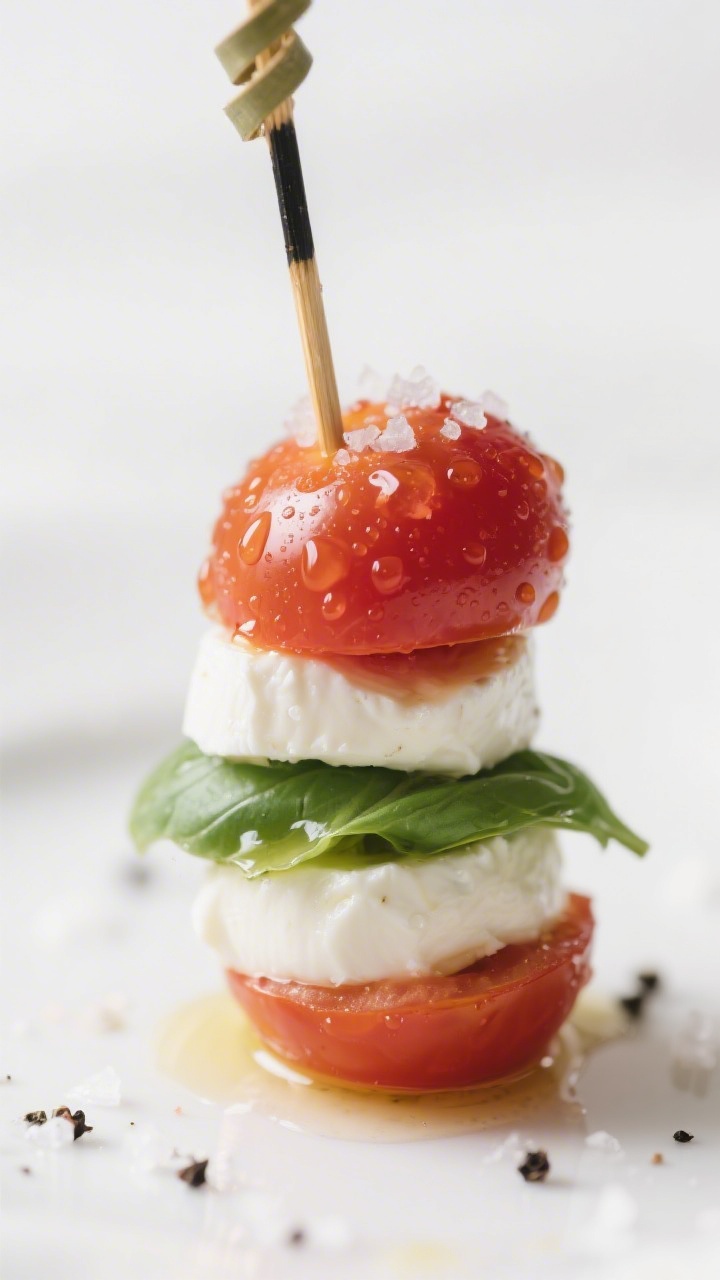 Close-up detail: A finished Caprese salad skewer with tomato-basil-mozzarella-tomato stack, glisteni
