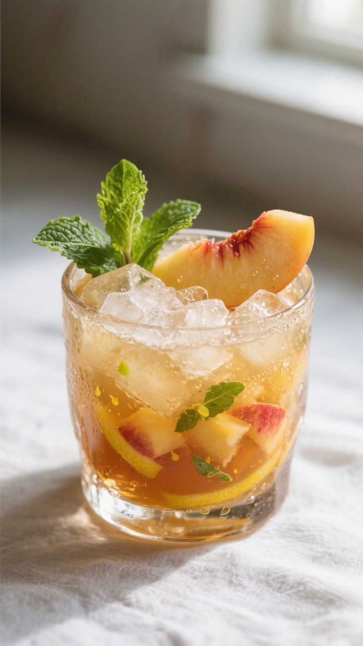 Close-up detail: A finished Peach Bourbon Smash mid-stir in a sturdy rocks glass, crushed ice mounde