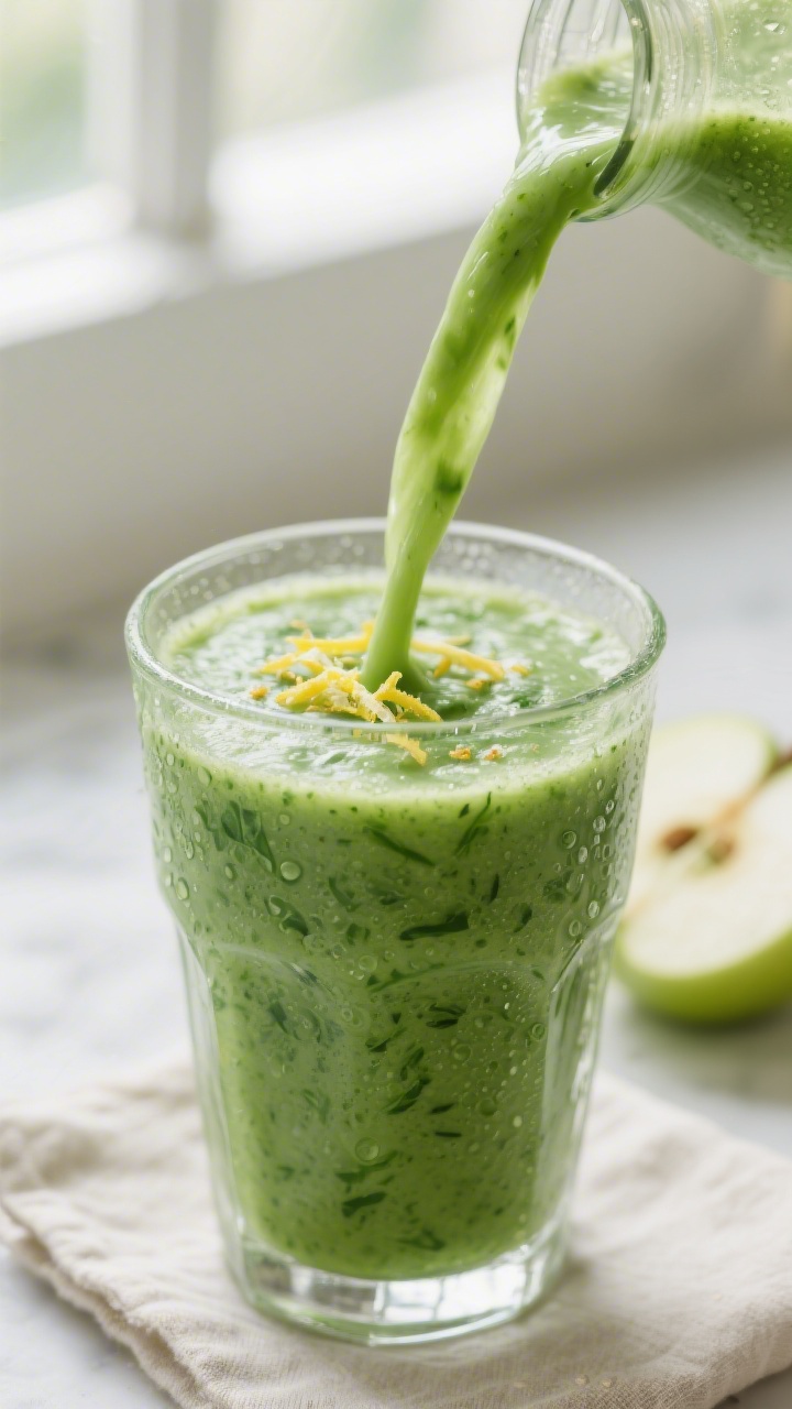 Close-up detail: A freshly blended Green Apple Spinach Smoothie being poured in a silky ribbon into