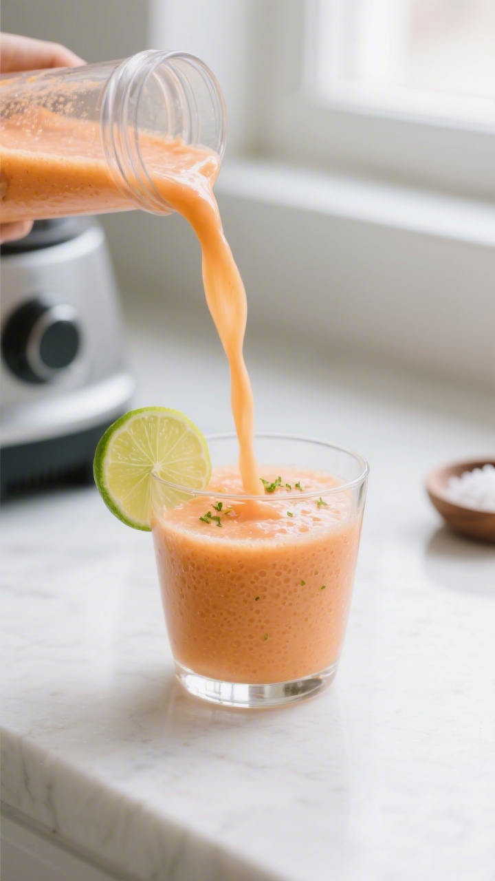 Close-up detail: A freshly blended papaya lime smoothie being poured in a silky ribbon into a chille