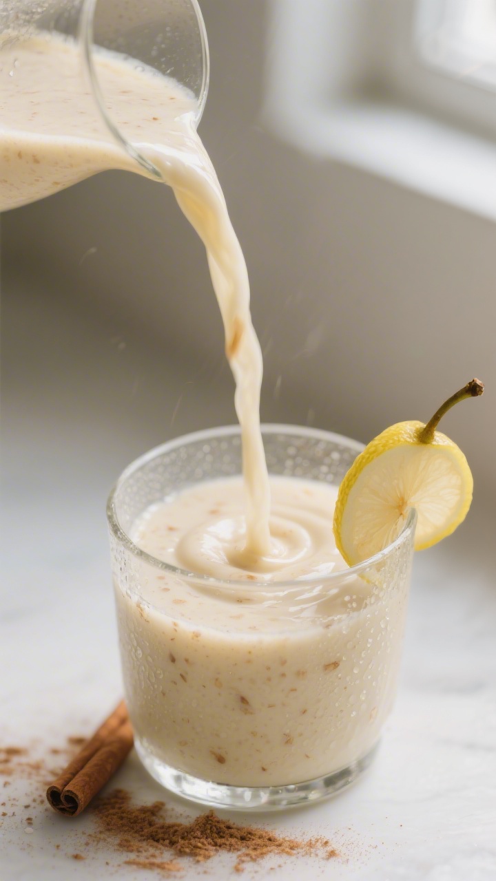 Close-up detail: A freshly blended pear ginger smoothie being poured in a silky ribbon into a chille