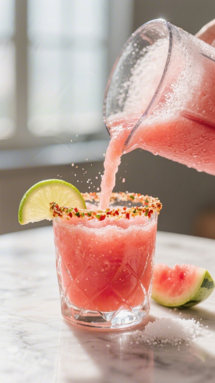 Close-up detail: A freshly blended watermelon margarita being poured from a frosty blender jar into
