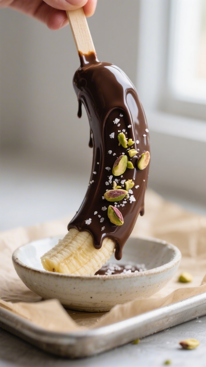 Close-up detail: A freshly dipped frozen banana pop held over a bowl, glossy dark chocolate shell dr