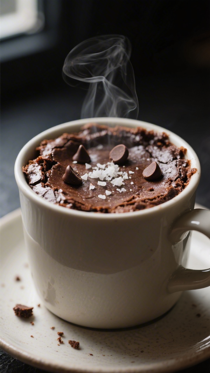 Close-up detail: A freshly microwaved mug brownie in a 12-oz ceramic mug, edges set and slightly pul