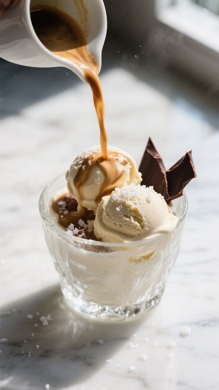 Close-up detail: A freshly poured affogato moment—hot espresso stream hitting two compact scoops o