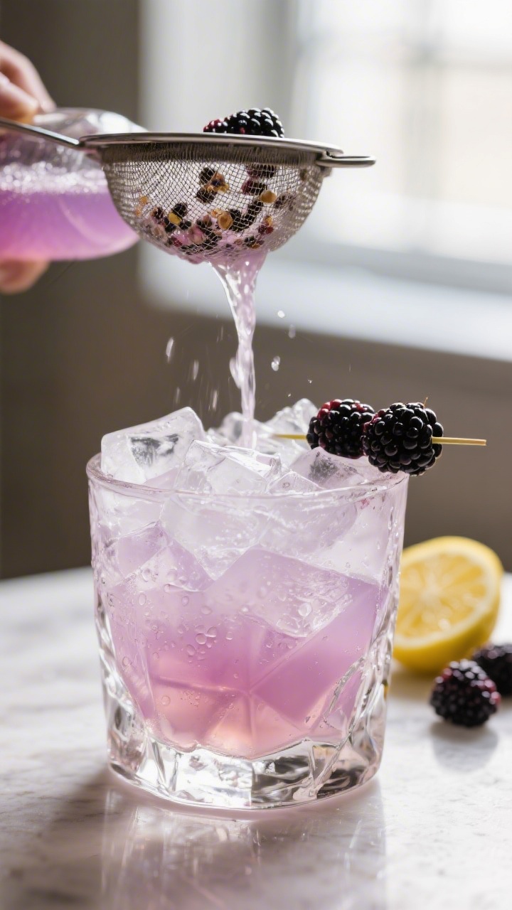 Close-up detail: A freshly strained Blackberry Gin Bramble being poured over a rocks glass packed wi