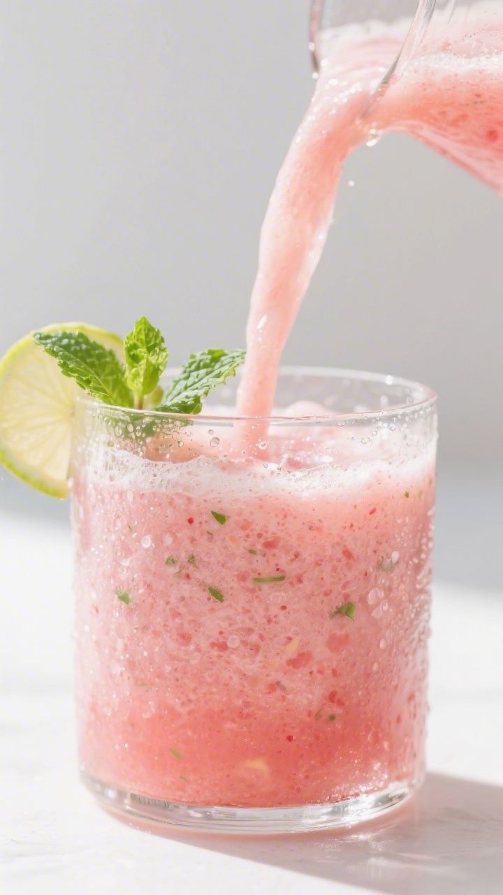 Close-up detail: A frosty pour of the Watermelon Mint Cooler Smoothie streaming into a chilled clear