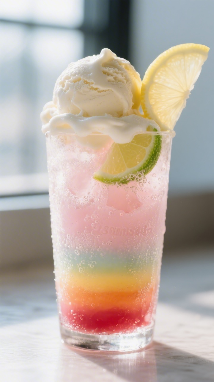 Close-up detail: A frosty tall glass mid-assembly of the Citrus Rainbow Float, showing the first sco