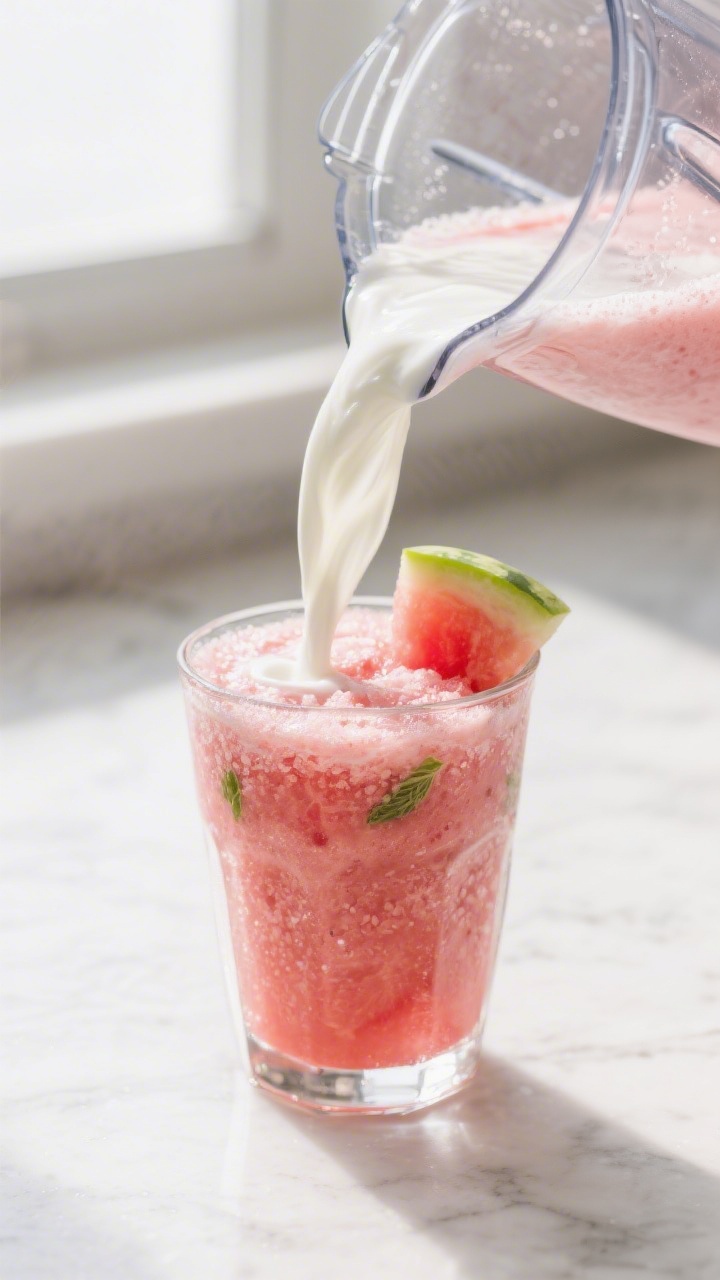 Close-up detail: A frosty Watermelon Lime Smoothie mid-blend pouring thickly from a blender into a c