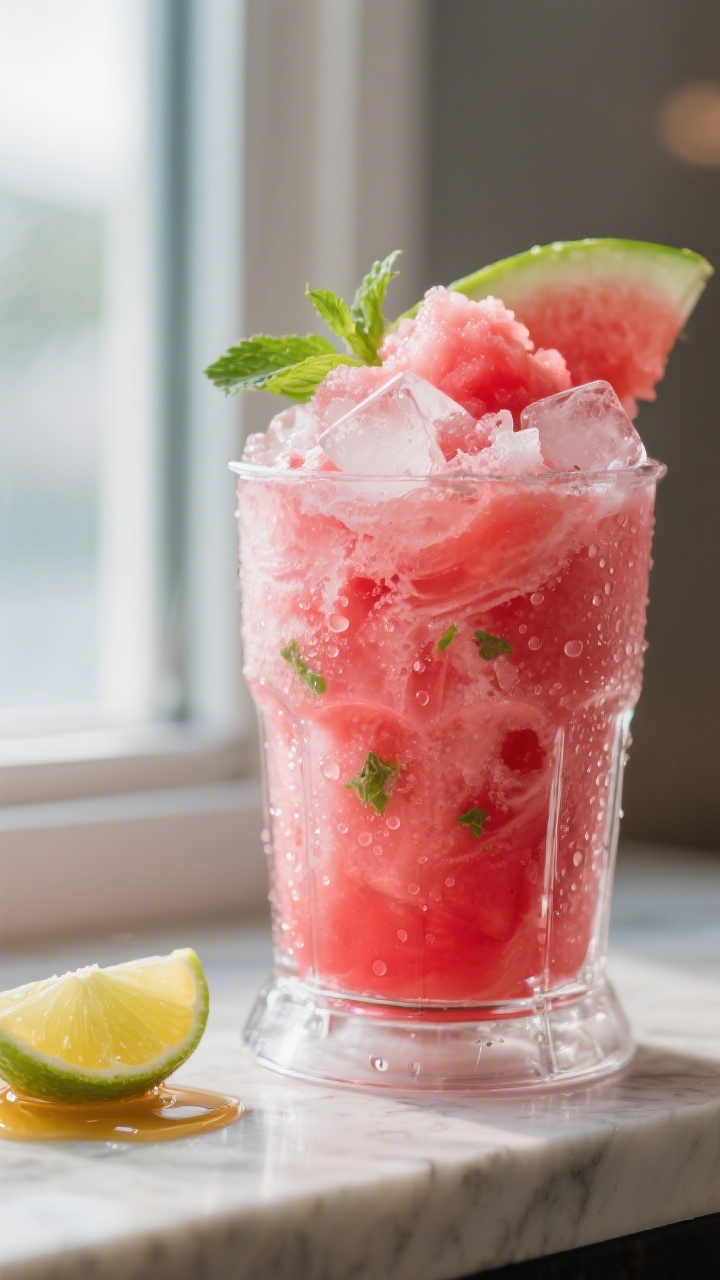 Close-up detail: A frosty watermelon slushie mid-blend in a clear blender jar, crushed ice and vivid
