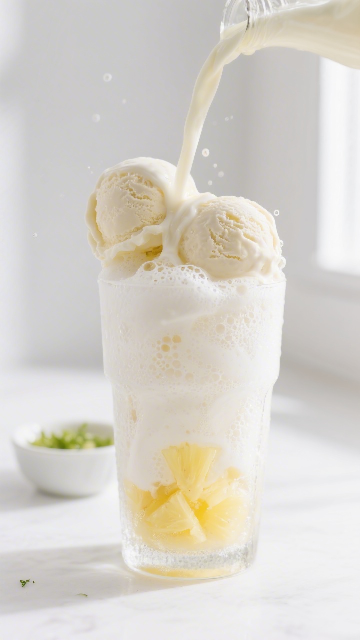 Close-up detail: A frothy Pineapple Cream Float mid-pour as the creamy pineapple base gently cascade