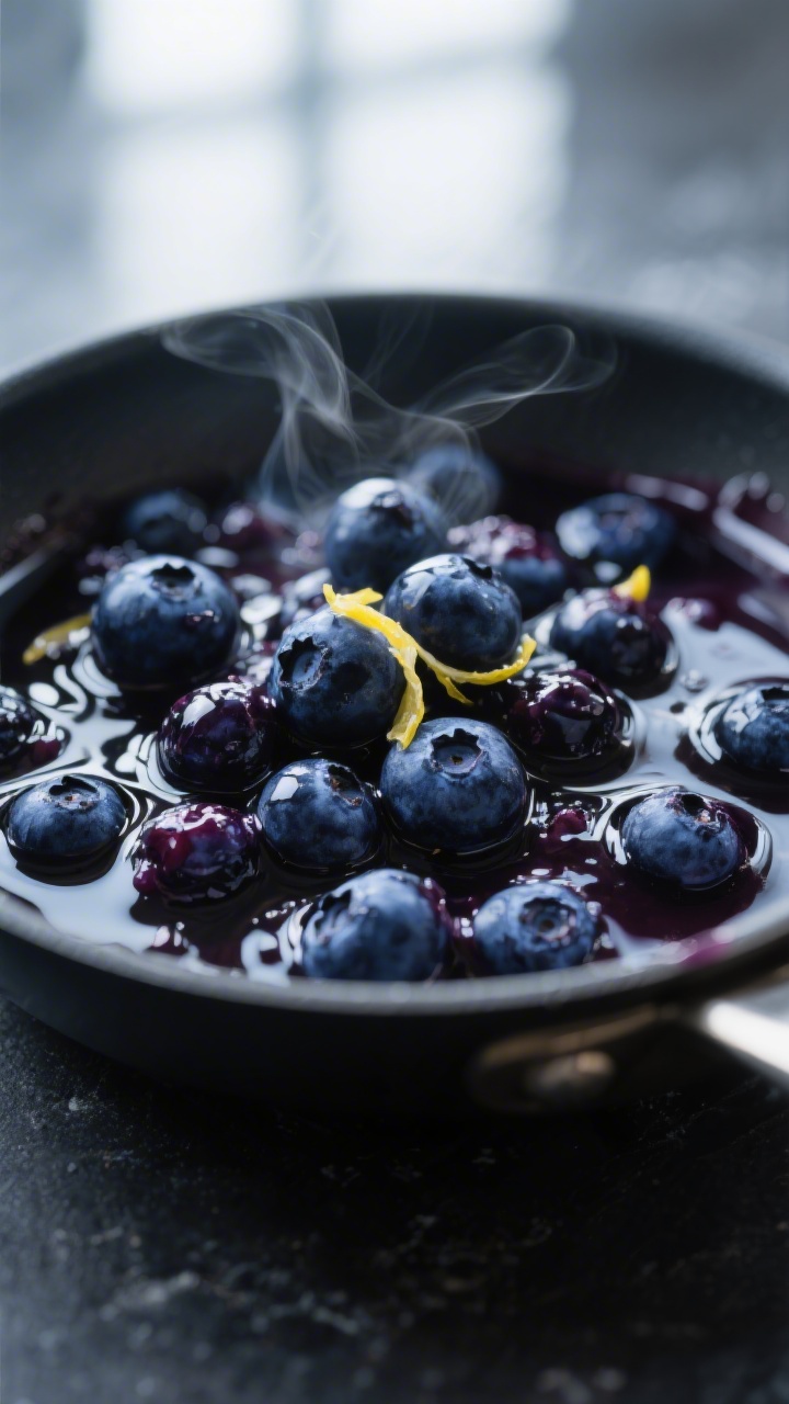 Close-up detail: A glossy, jammy blueberry sauce simmered down and just off the heat, berries burst