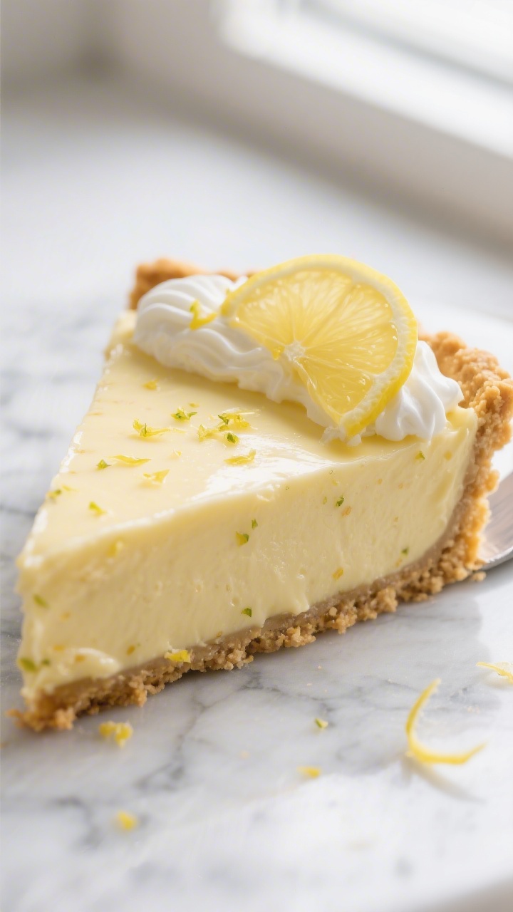Close-up detail: A glossy slice of no-bake lemon icebox pie just after chilling, ultra-creamy lemon