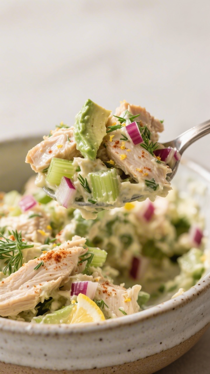 Close-up detail: A heaping spoonful of creamy keto chicken salad being folded together in a ceramic