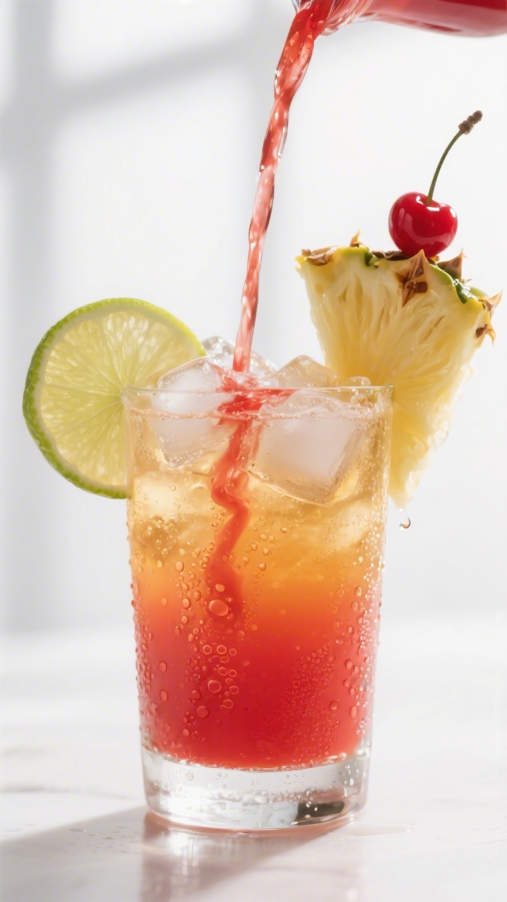Close-up detail: A highball glass of Tropical Sunrise Punch mid-pour with the grenadine slowly trick