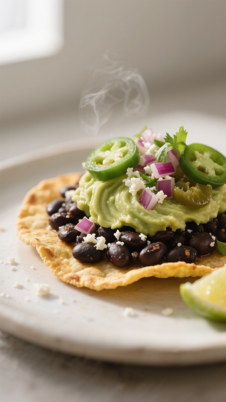 Close-up detail: A just-assembled black bean tostada on a warm, golden-baked corn tortilla, thick la