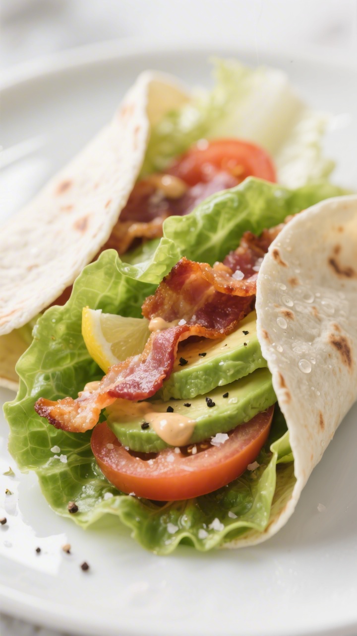 Close-up detail: A just-assembled keto BLT lettuce wrap mid-fold, two overlapping romaine leaves act