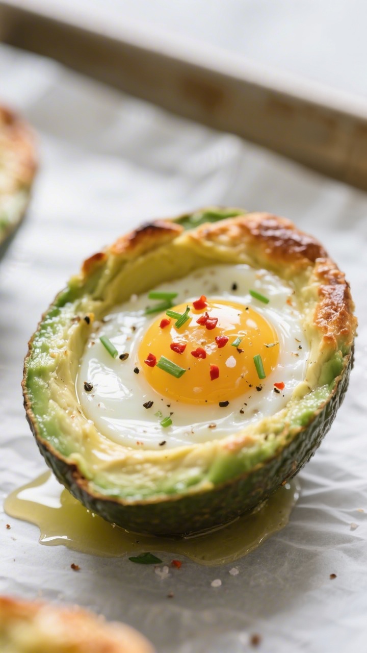 Close-up detail: A just-baked avocado egg cup with set whites and a glossy, runny yolk gently oozing
