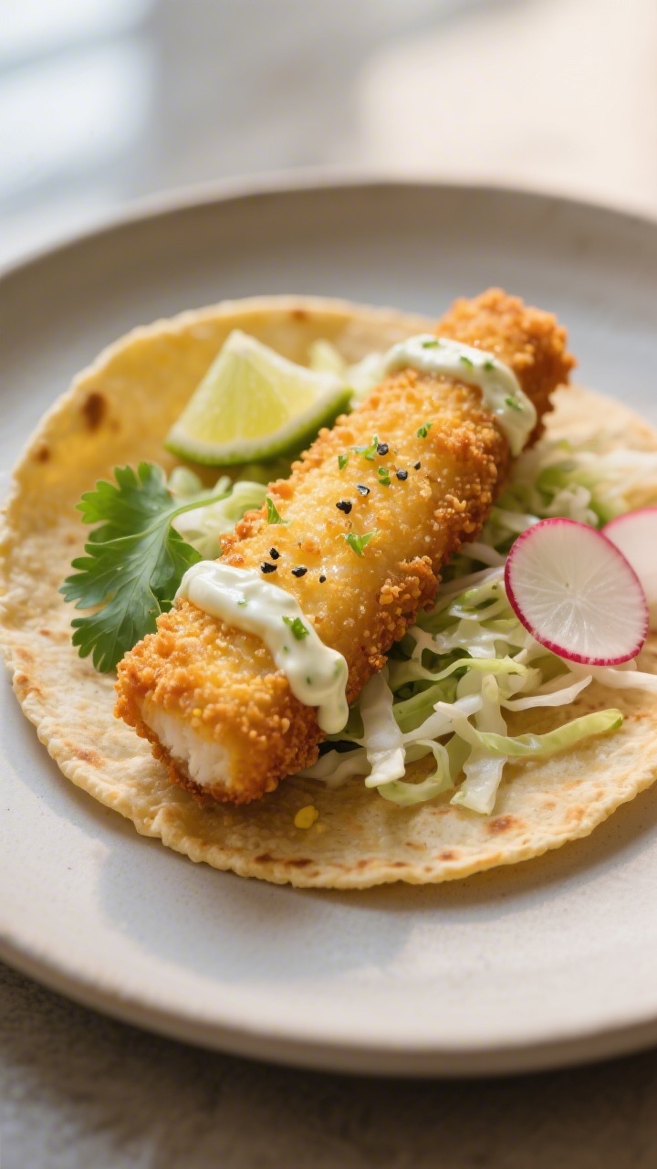 Close-up detail: A just-baked fish stick nestled in a warm corn tortilla, ultra-crispy golden breadc