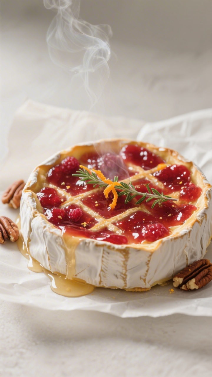 Close-up detail: A just-baked wheel of Brie on parchment, jam glistening. The rind is softly puffed