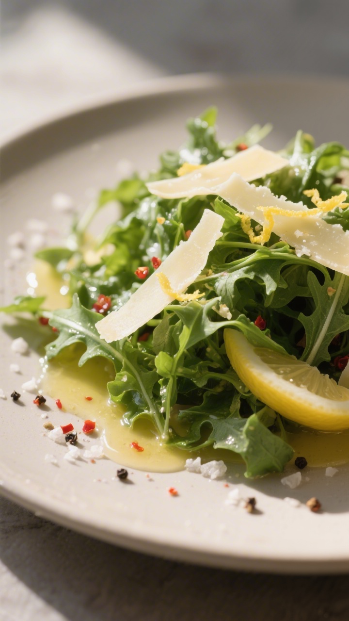 Close-up detail: A just-tossed arugula salad glistening with a thin, even sheen of lemon-olive oil d