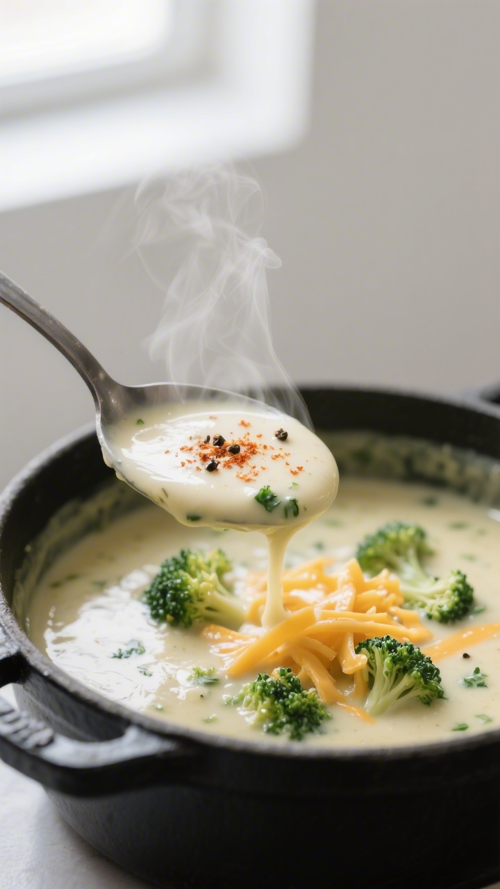 Close-up detail: A ladle lifting creamy broccoli cheddar soup from a matte black saucepan, showing s