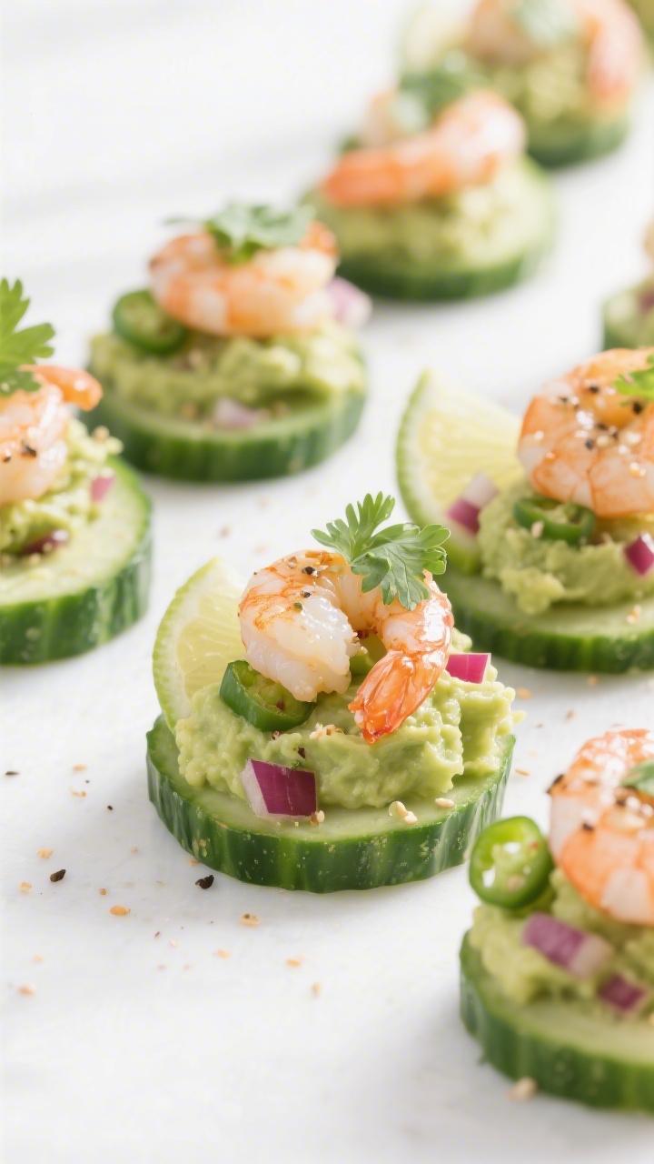Close-up detail: A neat row of assembled No-Cook Avocado Shrimp Bites on cucumber rounds, each toppe