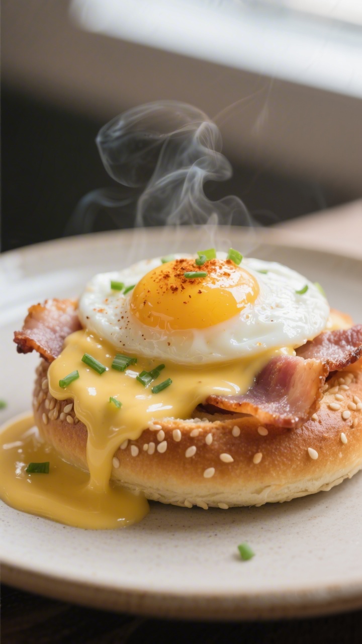 Close-up detail: A perfectly poached egg resting on seared Canadian bacon atop a toasted sesame bage
