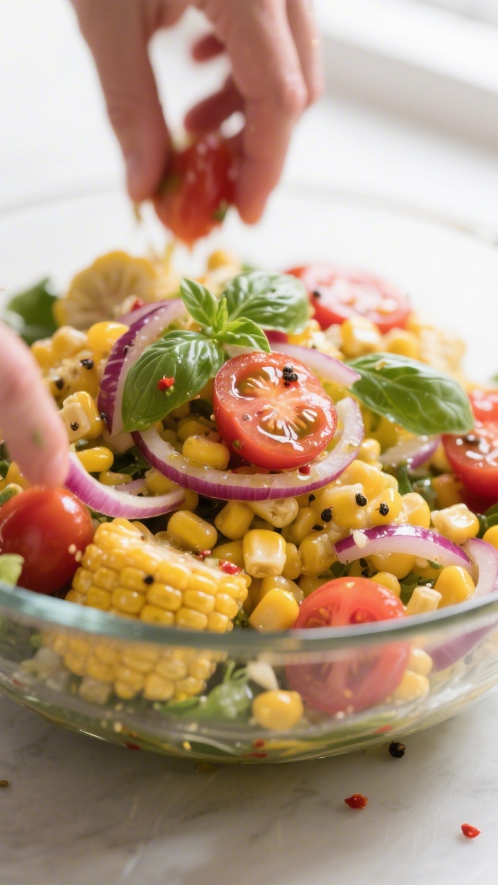 Close-up detail: A prepared corn and tomato salad being gently tossed in a large glass bowl, showcas
