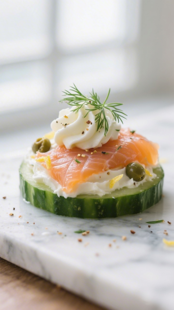 Close-up detail: A prepared cucumber round topped with a piped swirl of tangy cream cheese-dill mixt