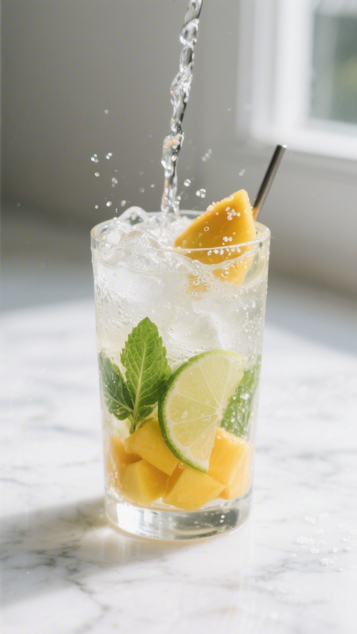 Close-up detail: A prepared virgin mango mojito mid-stir in a clear highball glass, showing gently m
