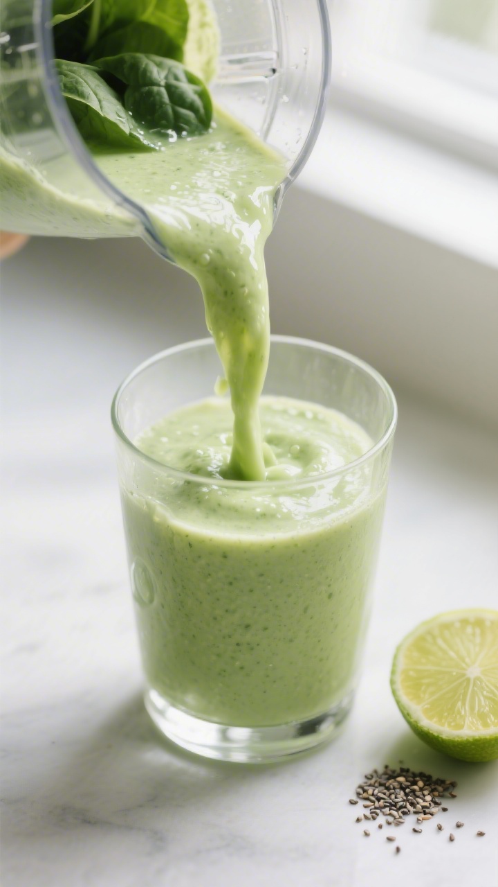 Close-up detail: A silky Avocado Spinach Smoothie mid-pour from a blender into a chilled clear glass
