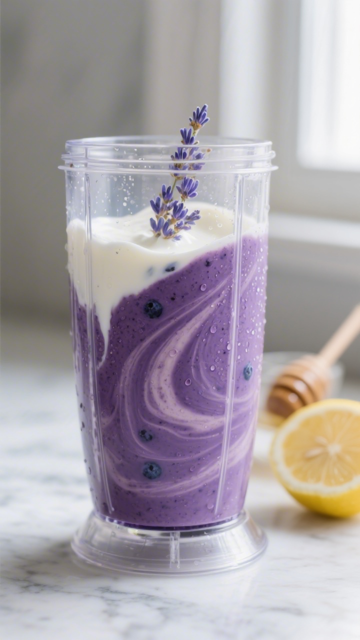 Close-up detail: A silky blueberry lavender smoothie mid-blend in a clear high-speed blender jar, sh