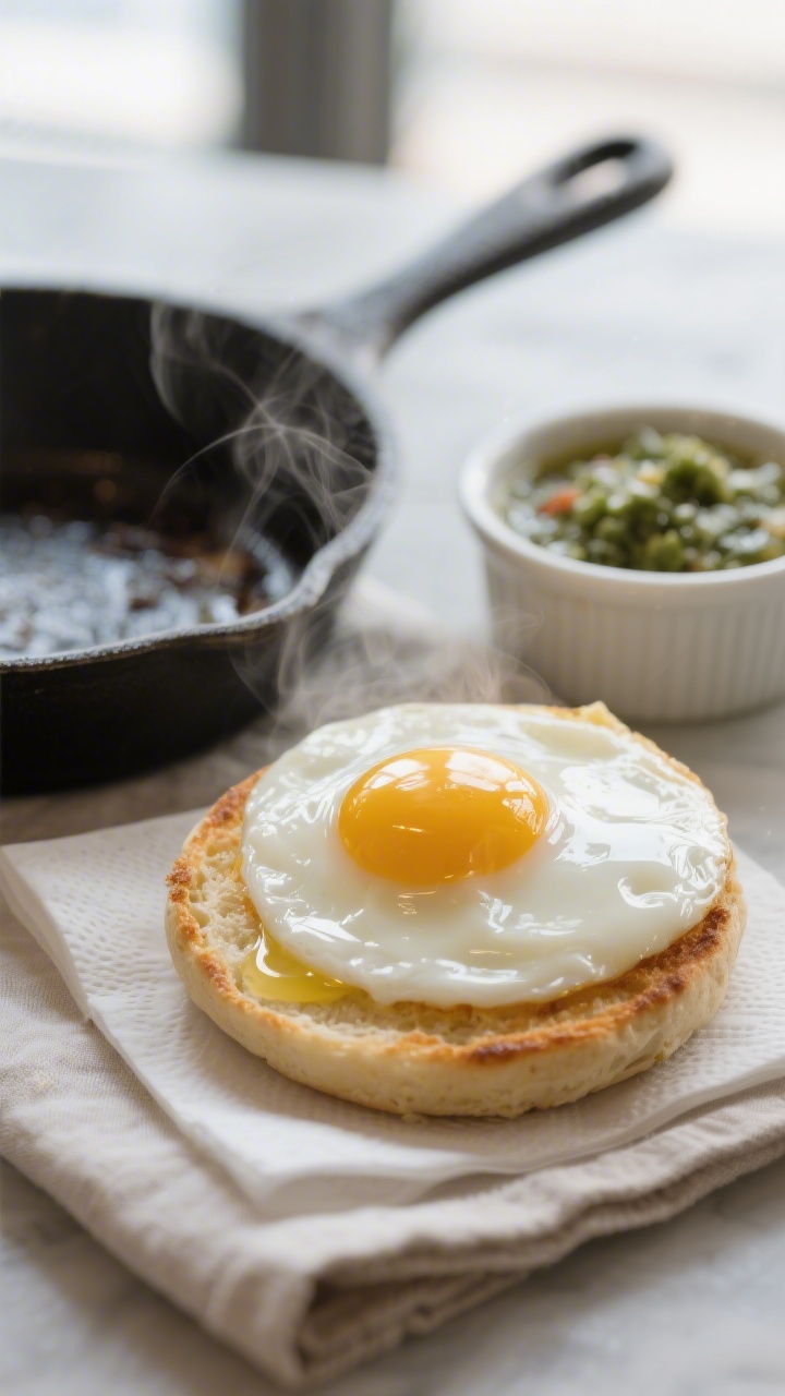 Close-up detail: A silky poached egg just lifted from simmering water, resting on a paper towel with