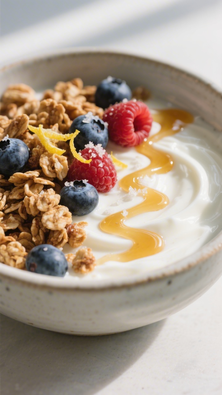 Close-up detail: A silky swirl of plain Greek yogurt in a ceramic bowl, topped with clumpy toasted g