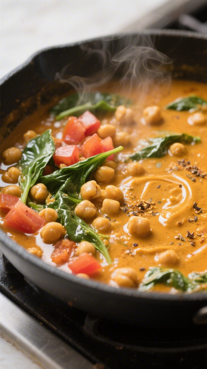 Close-up detail: A simmering skillet of coconut chickpea curry right after “bloom the spices” an