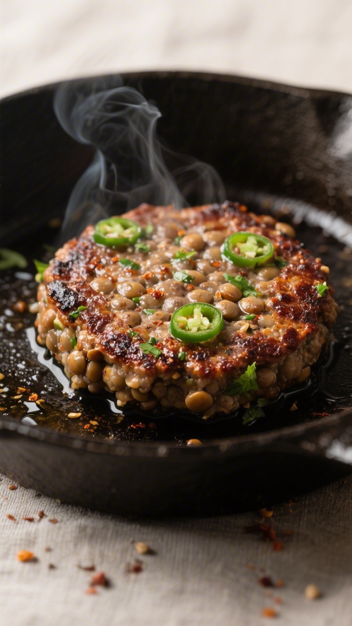 Close-up detail: A sizzling jalapeño lentil burger patty in a cast-iron skillet mid-cook, edges dee